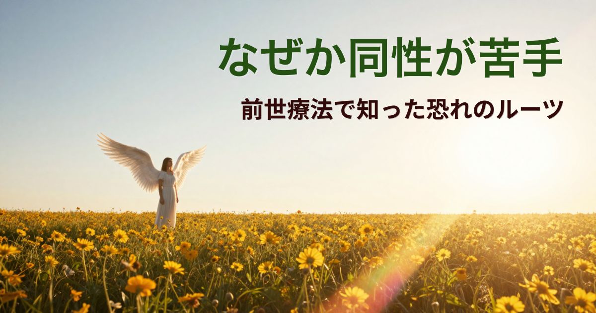 明るい黄金の光と虹色の光が降り注ぐ美しい花畑の中で、背中に白い羽を広げて穏やかにたたずむ人物のシルエット。前世療法による対人恐怖や苦手意識の解消を表現したイメージ写真。