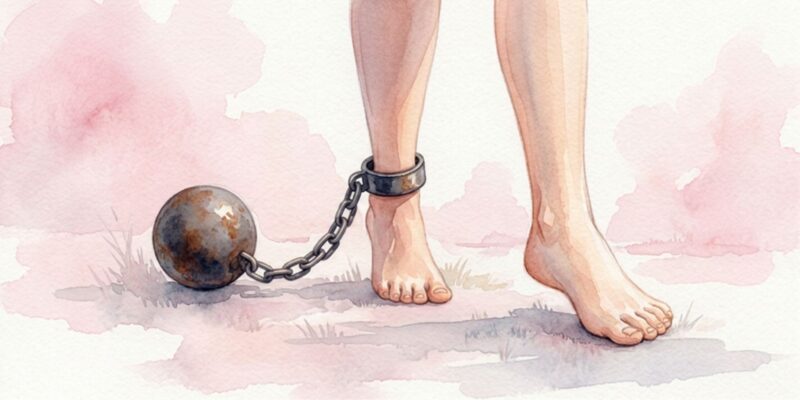鉄球をつけた足かせを引きずって歩く女性のイラスト。ネガティブなセルフイメージで自分を制限している様子を表している。